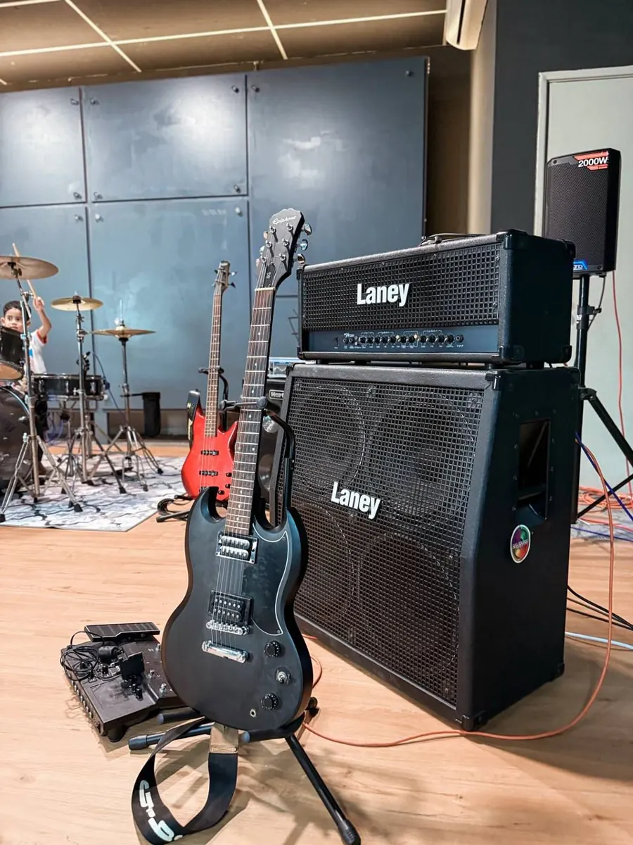 Laney guitar rig and studio room view